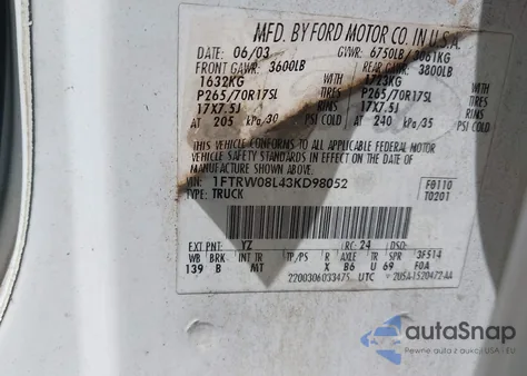 2003 Ford F-150 Lariat/Xlt из США, поврежденный, VIN 1FTRW08L43KD98052